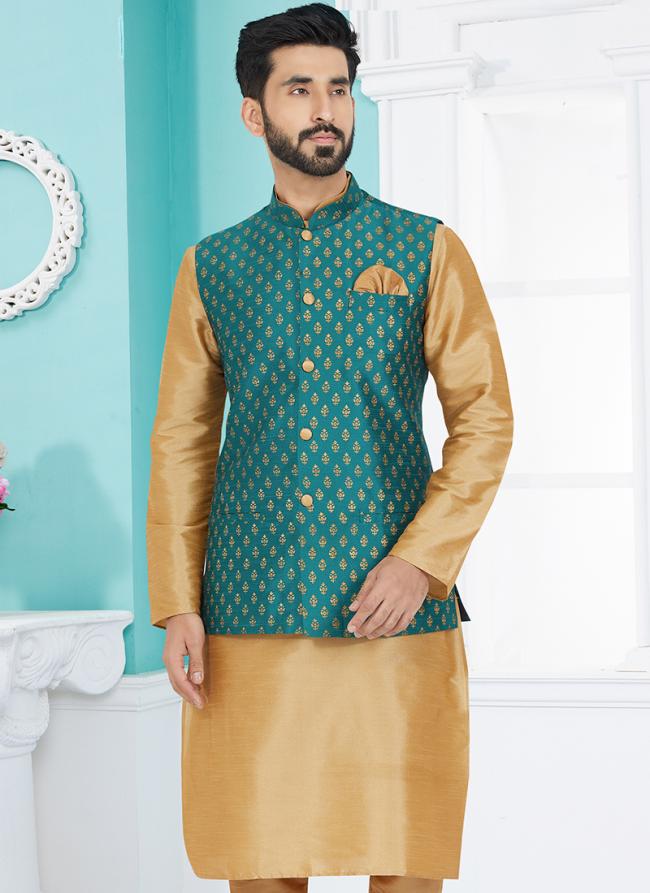 Banarasi Dhupion Rama Blue Wedding Wear Banarasi Work Modi Jacket Kurta Pajama